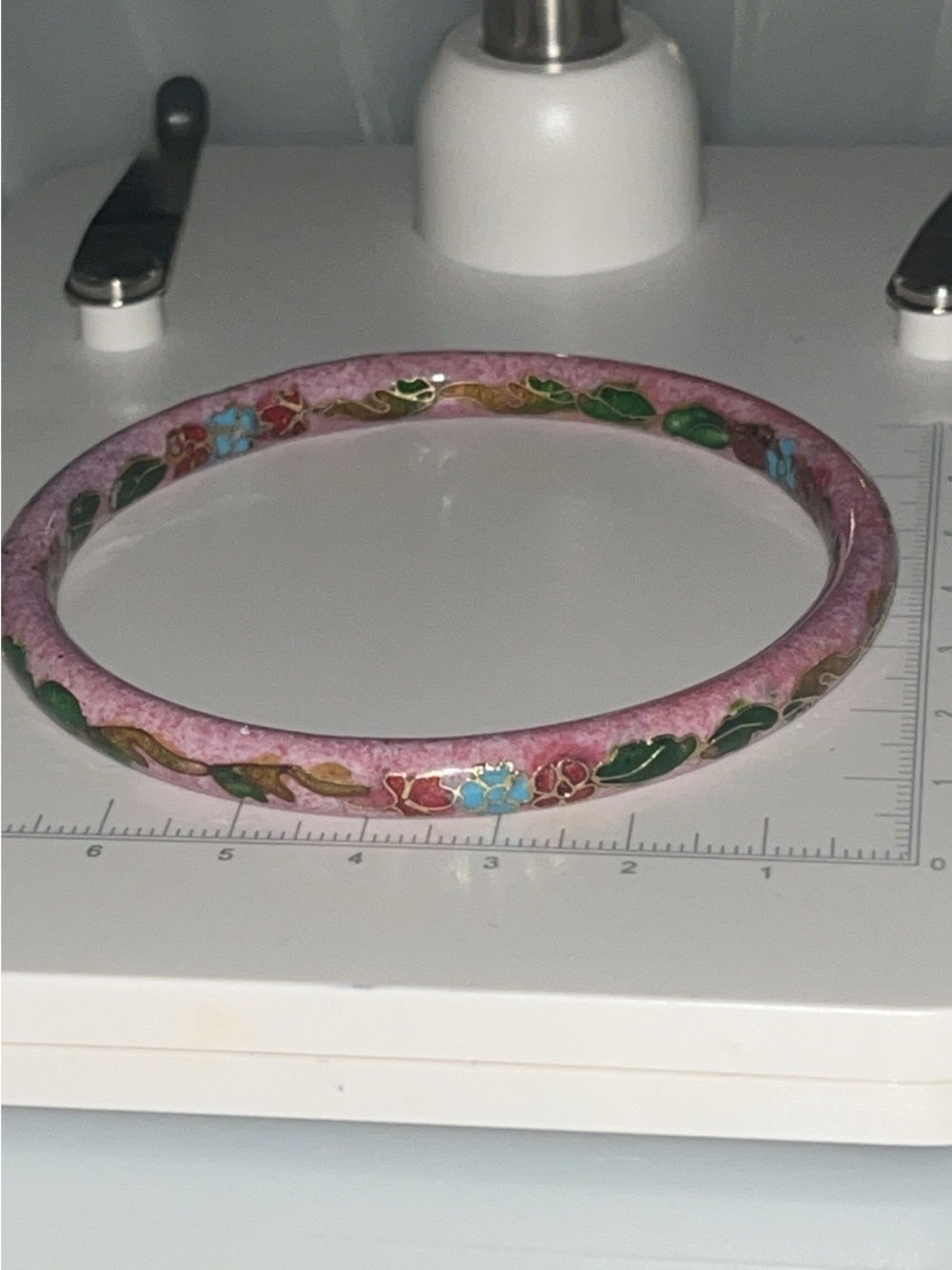 Vintage Pink Cloisonné Enamel Floral Bangle Bracelet 7.75” Chinese Style